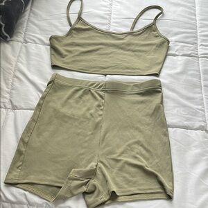Olive Green Ribbed Crop Top and Shorts Set